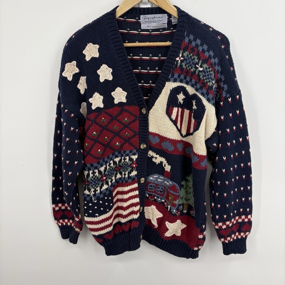 Vintage Northern Isles Hand Knit Sweater XLarge USA Patchwork 90s American Flag - Picture 4 of 10